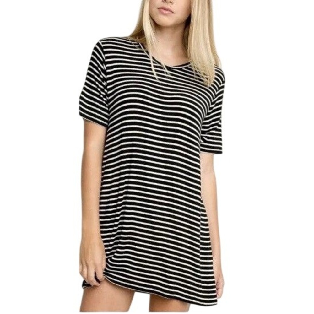 Eileen Fisher Women's PL Black Striped T-Shirt Dress Organic Linen Lightweight